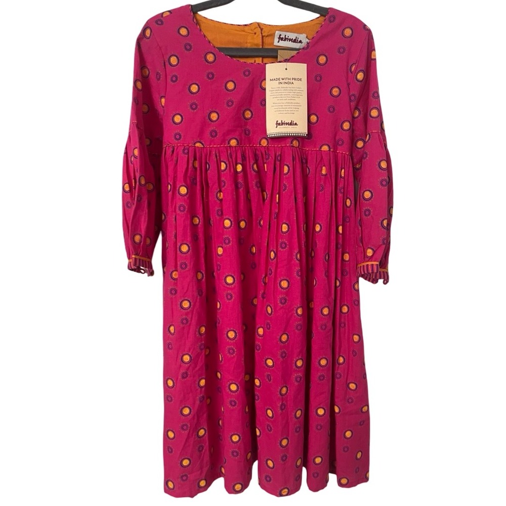 NWT Fabindia Girls Pink Cotton Block Print Dress Long Sleeve Size 8-10 Years